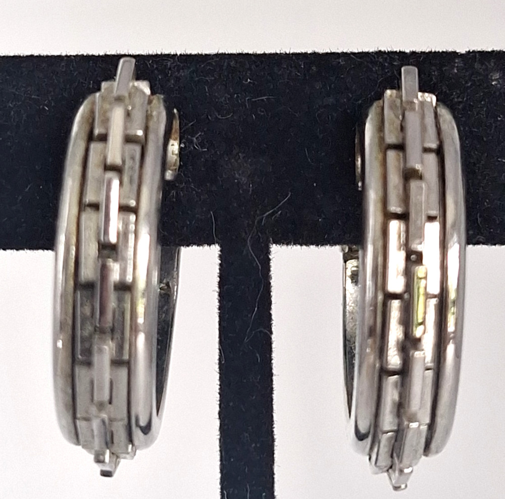 Vintage Silver Tone Chunky Brick Link Geometric Hoop Clip On Earrings PAT PEND